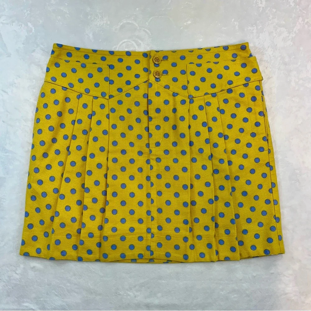 See By Chloe Yellow Blue Polkadot‎ Pleated Skirt 100% Cotton Sz 10 Spring Fun